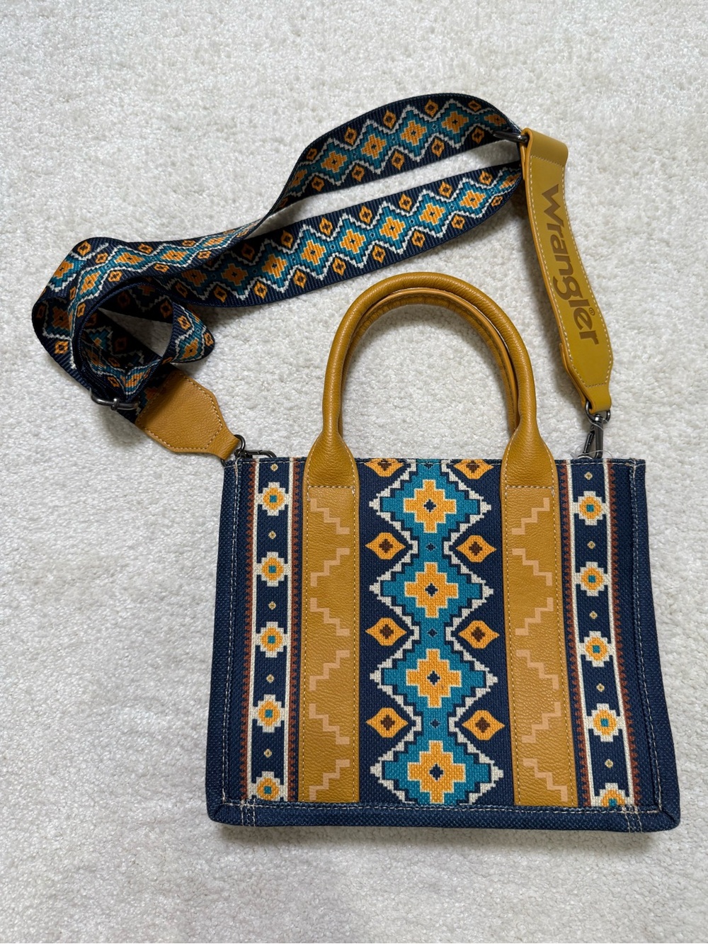 Wrangler Aztec Mustard Crossbody Canvas Tote Bag Satchel Purse Southwestern - Picture 3 of 13